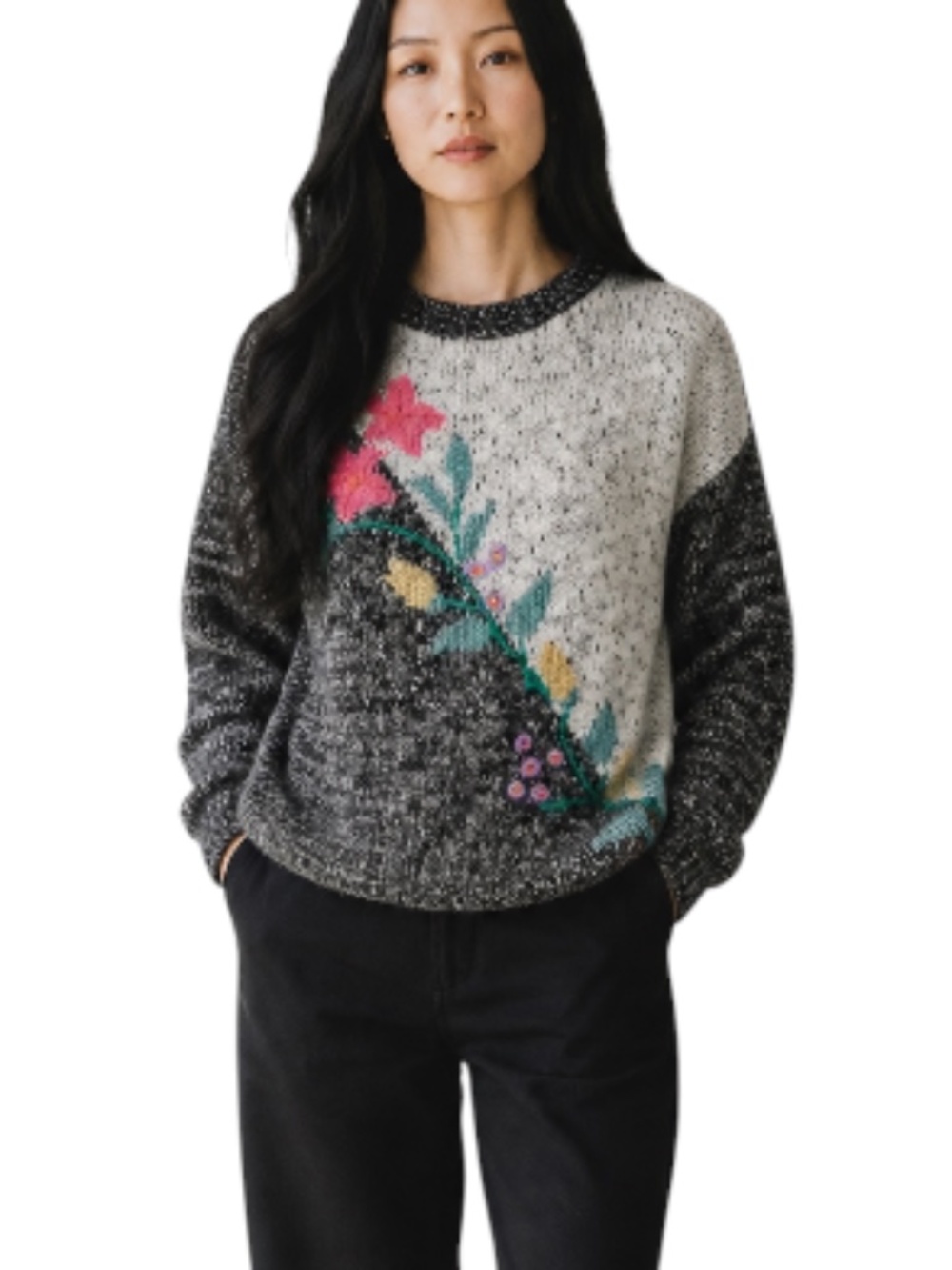 Vintage Carducci of California Gray Marled Floral Embroidered  Knit Sweater